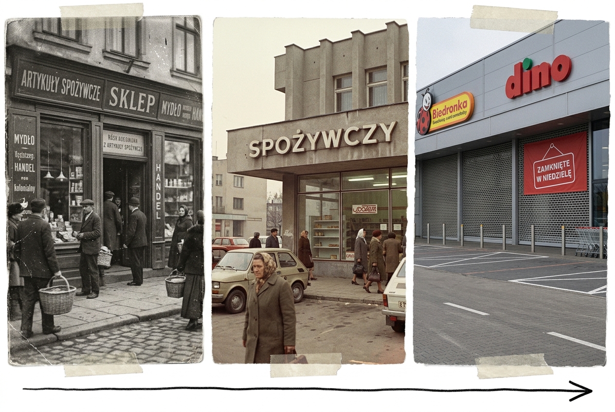 Kolaż historyczny pokazujący ewolucję handlu w Polsce: sklep kolonialny z lat 20., PRL-owski Społem i współczesny zamknięty supermarket