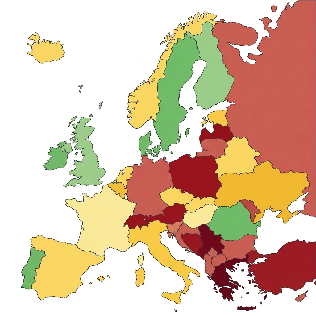 Mapa Europy z zaznaczonymi krajami według restrykcyjności przepisów o handlu w niedzielę — od pełnej swobody po całkowity zakaz