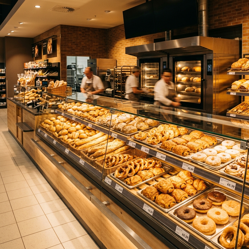 Sekcja piekarnicza w supermarkecie — świeże pieczywo dostępne codziennie prócz niedziel niehandlowych